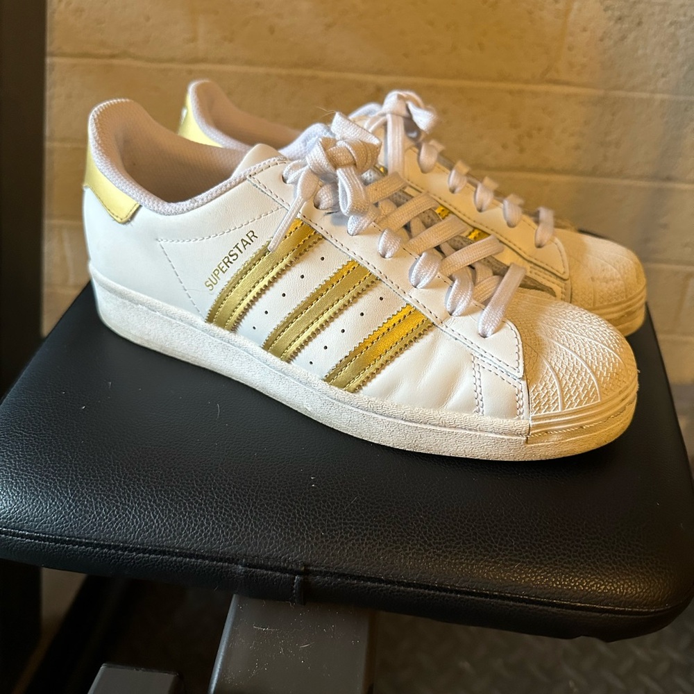 Adidas Superstar White and Gold Sneakers